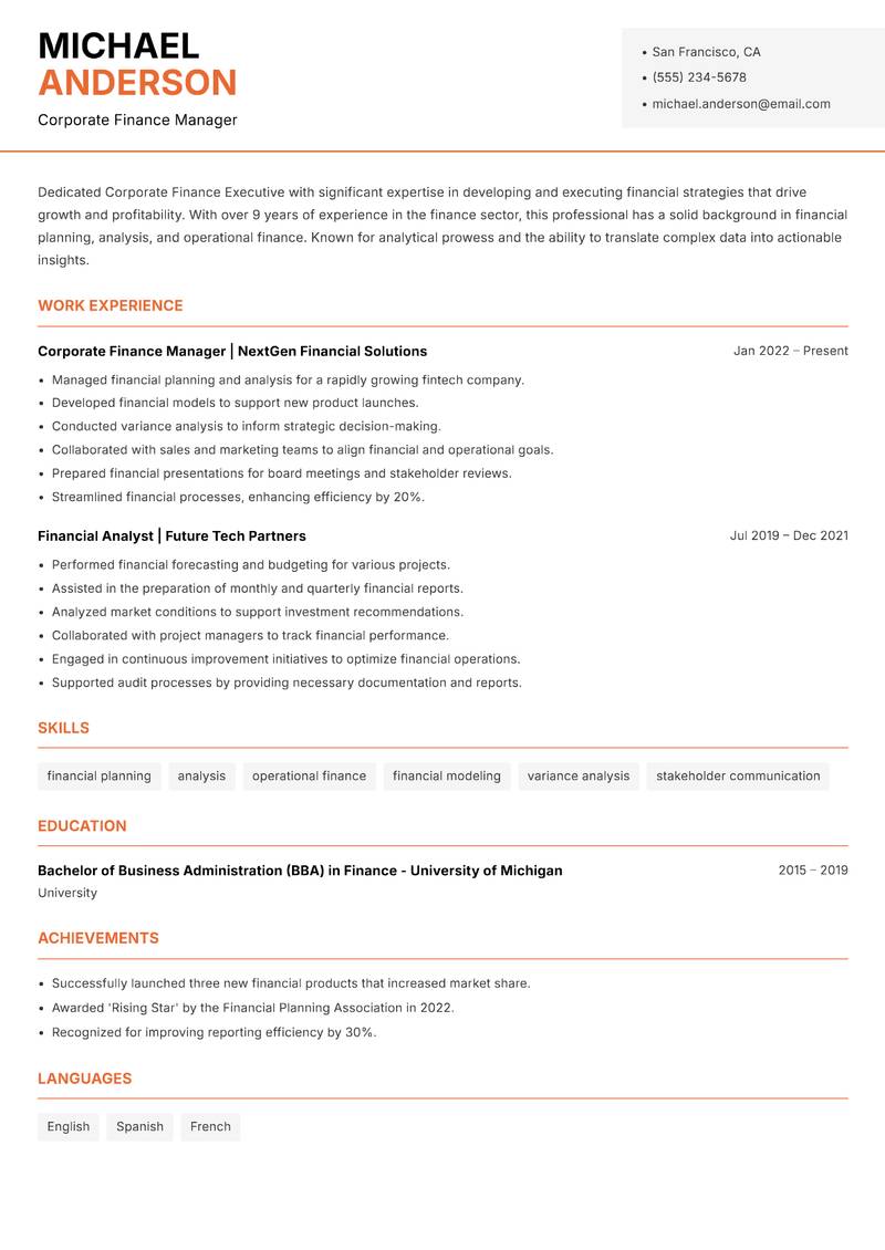 Corporate Finance Executive Resume Template