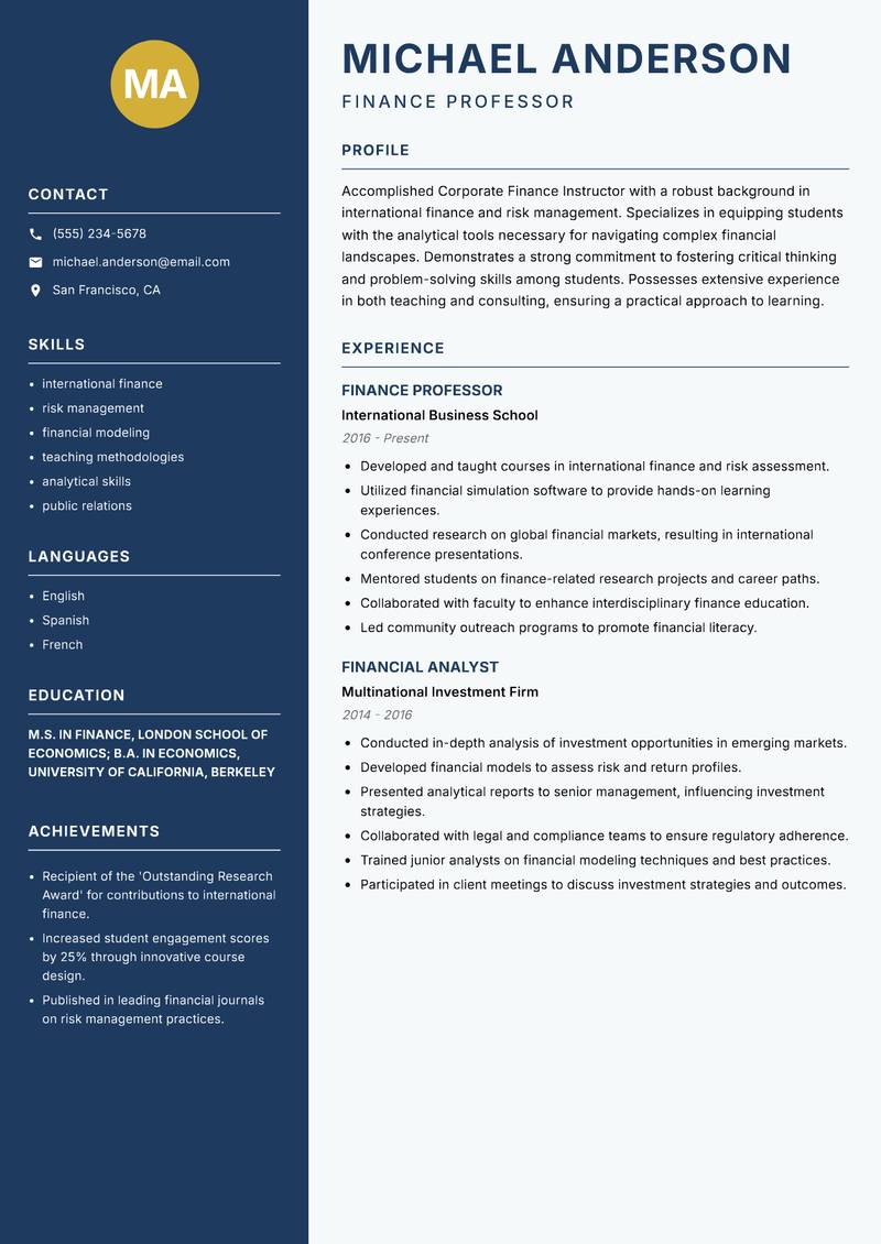 Corporate Finance Instructor Resume Preview Example