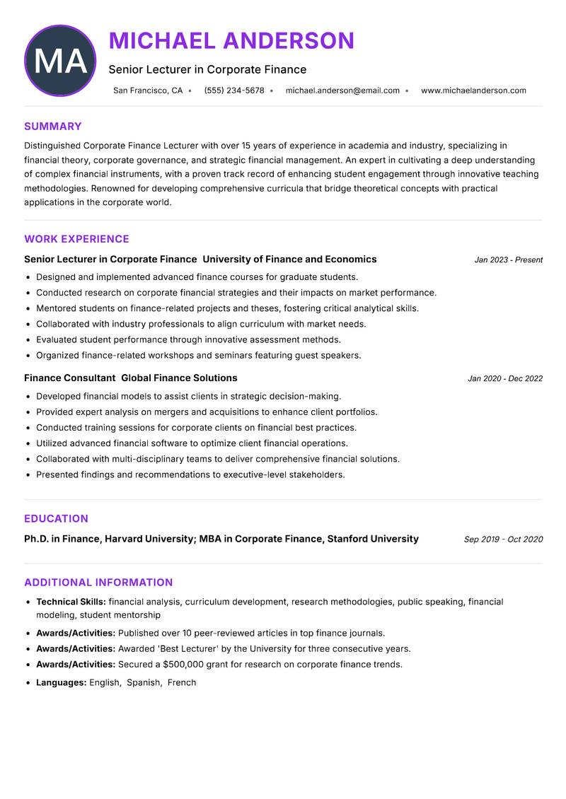 Corporate Finance Lecturer Resume Preview Example