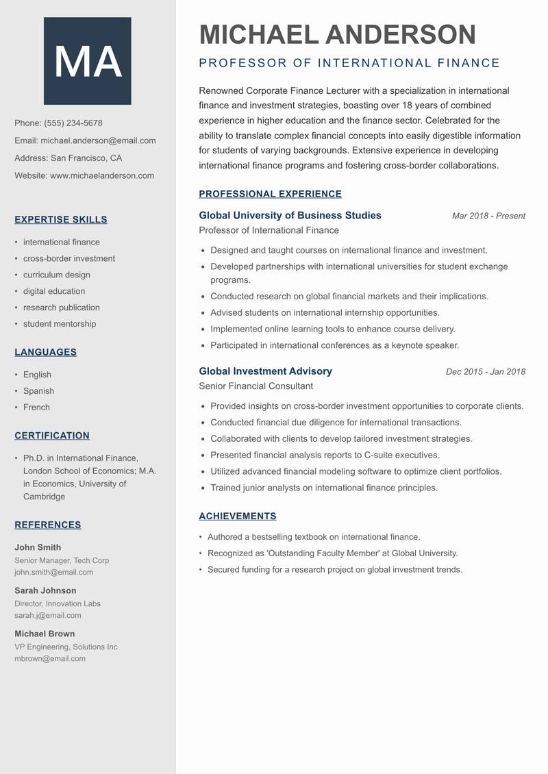 Corporate Finance Lecturer Resume Preview Example