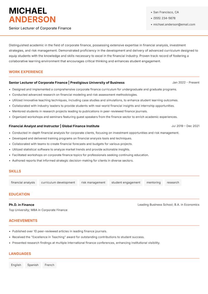 Corporate Finance Lecturer Resume Template