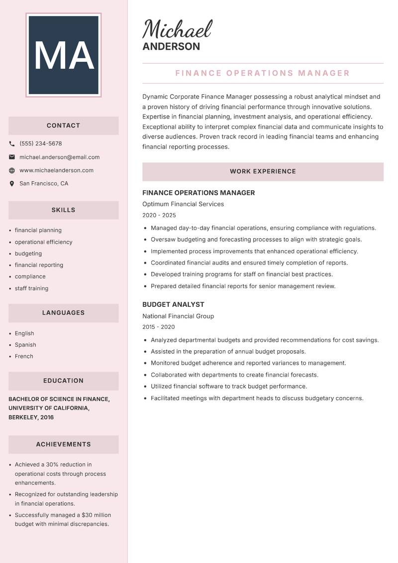 Corporate Finance Manager Resume Preview Example