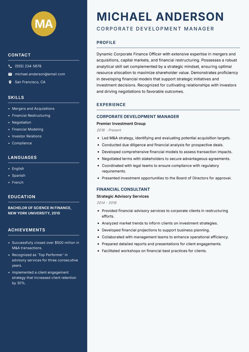 Corporate Finance Officer Resume Preview Example