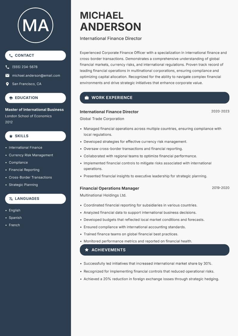Corporate Finance Officer Resume Preview Example