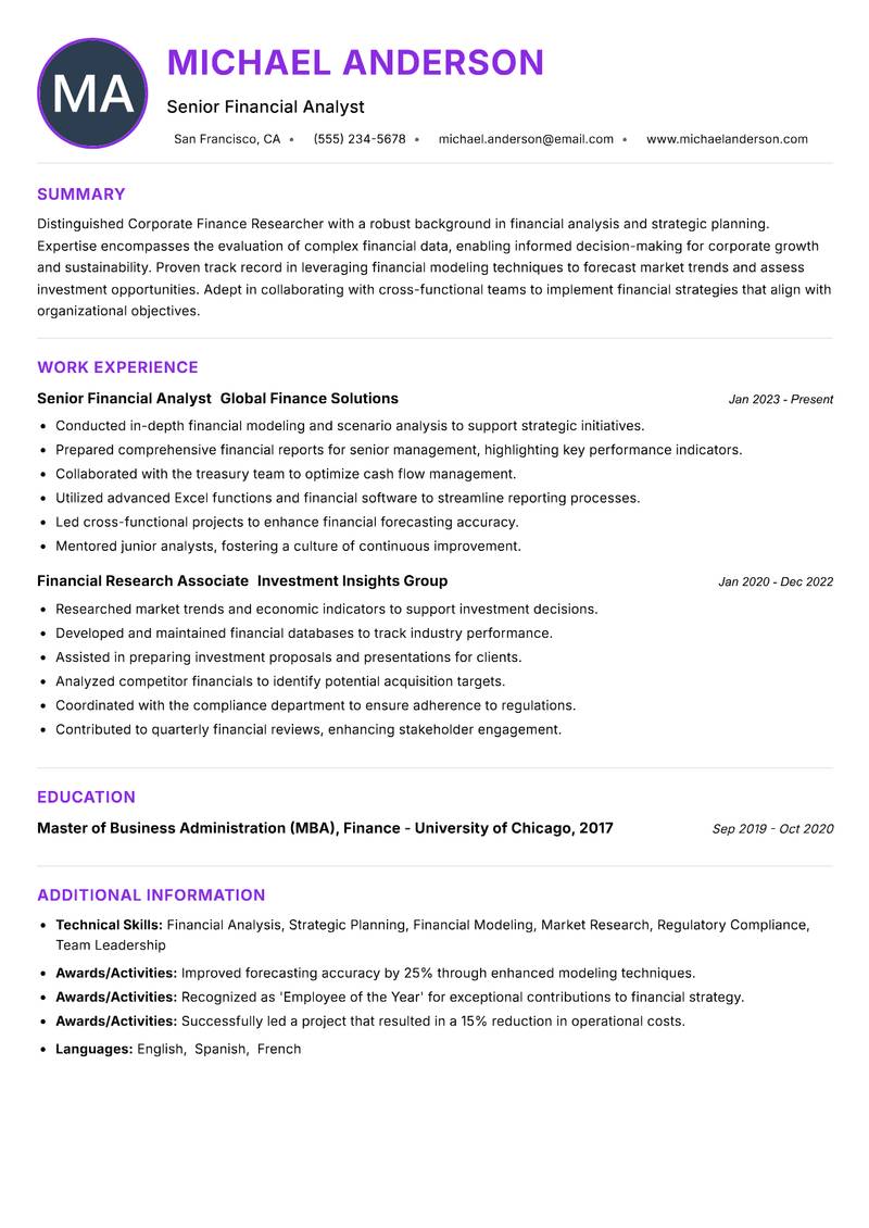 Corporate Finance Researcher Resume Preview Example