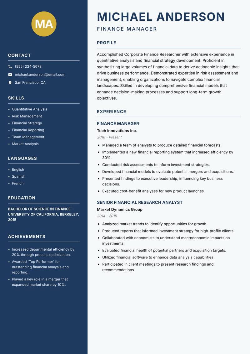 Corporate Finance Researcher Resume Preview Example