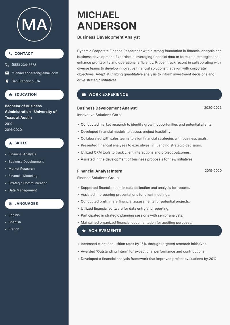 Corporate Finance Researcher Resume Preview Example