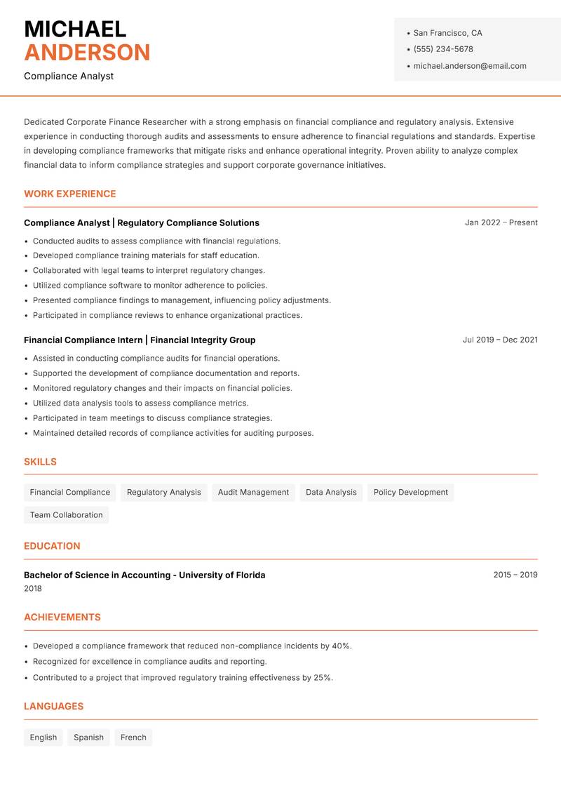 Corporate Finance Researcher Resume Template