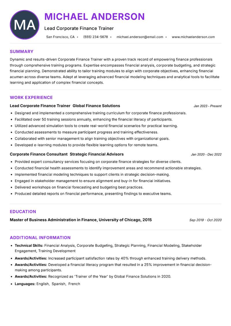 Corporate Finance Trainer Resume Preview Example
