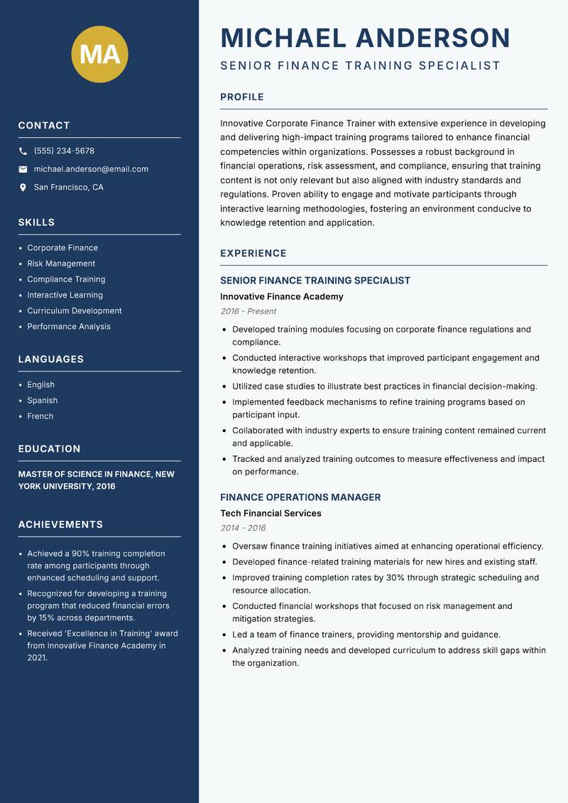 Corporate Finance Trainer Resume Preview Example