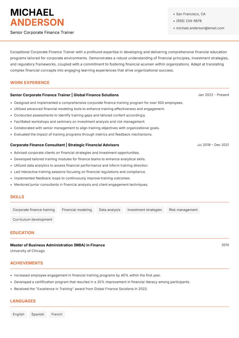 Corporate Finance Trainer Resume Template
