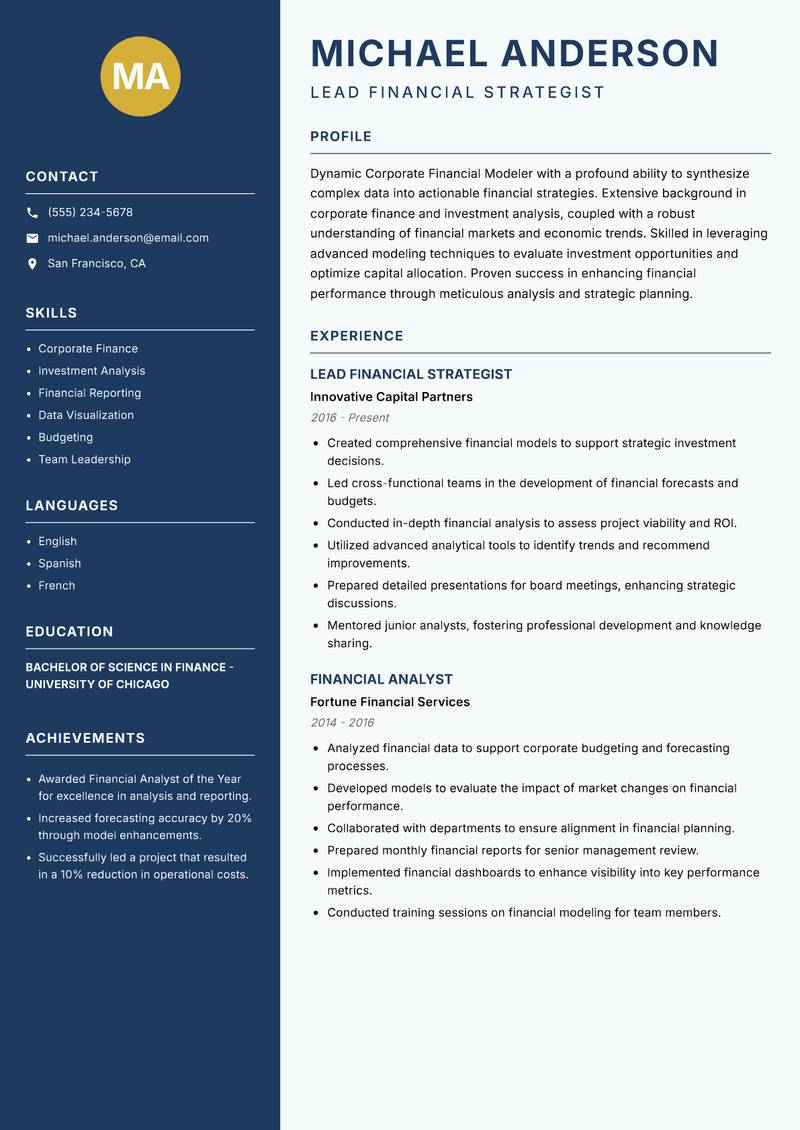 Corporate Financial Modeler Resume Preview Example