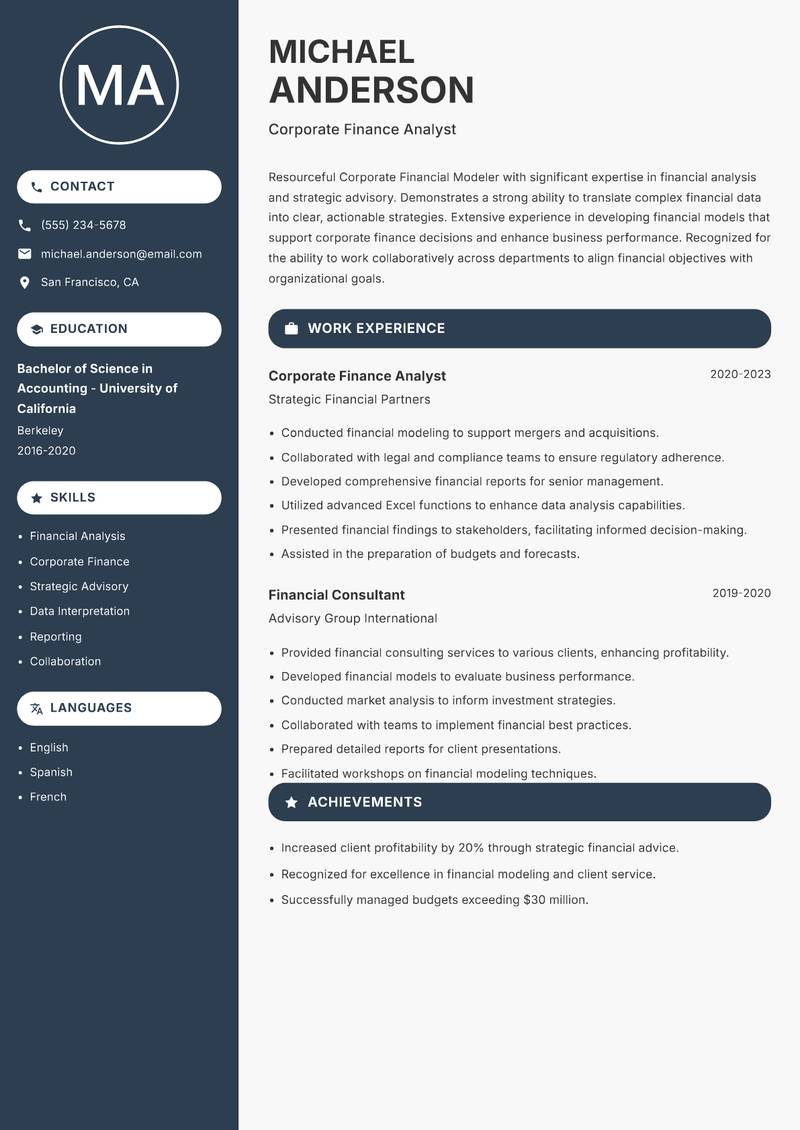 Corporate Financial Modeler Resume Preview Example