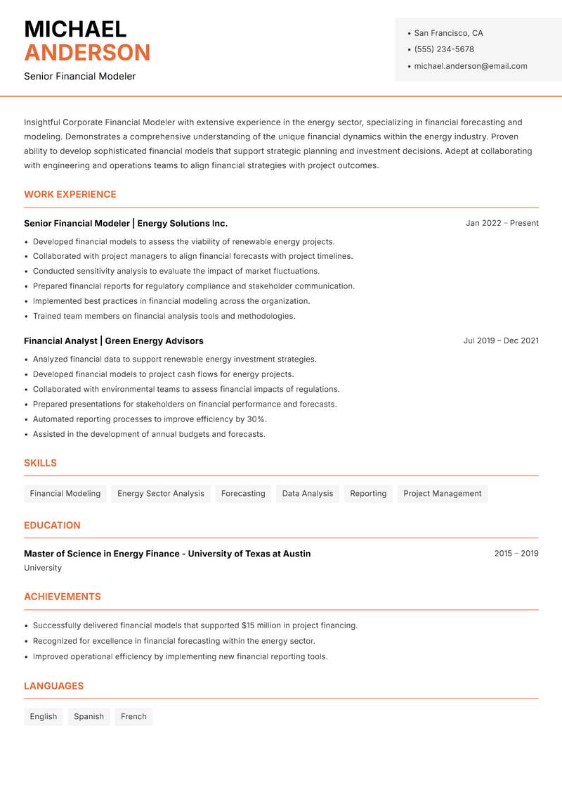 Corporate Financial Modeler Resume Template