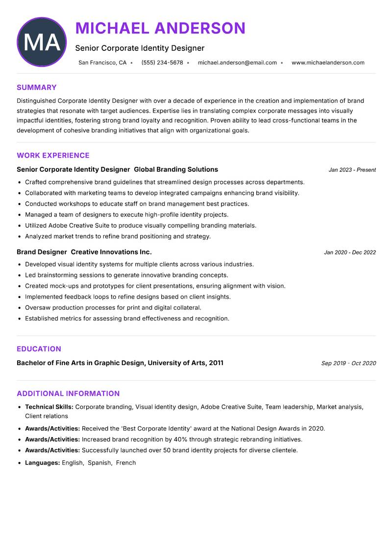 Corporate Identity Designer Resume Preview Example