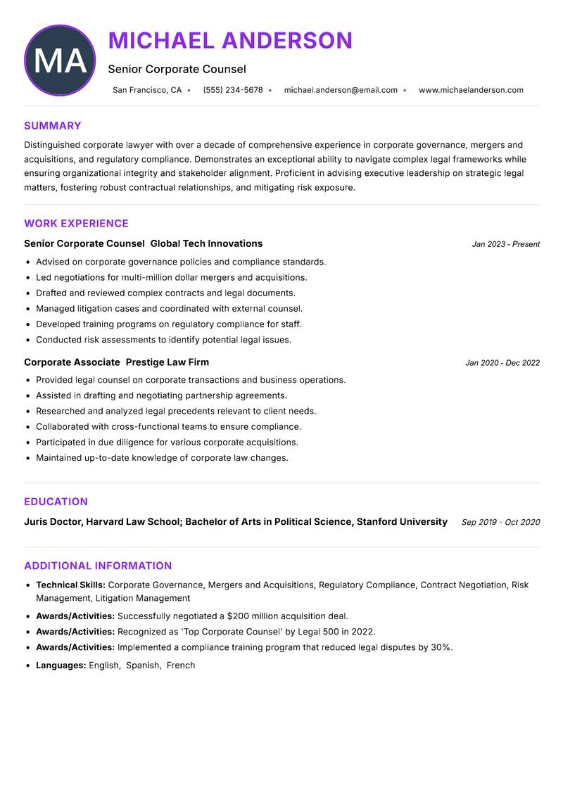 Corporate Lawyer Resume Preview Example