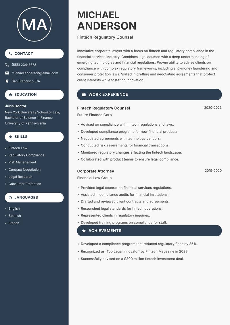 Corporate Lawyer Resume Preview Example
