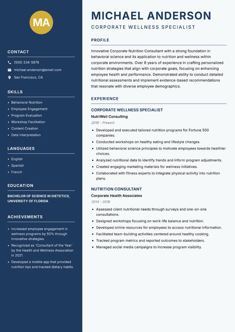 Corporate Nutrition Consultant Resume Preview Example