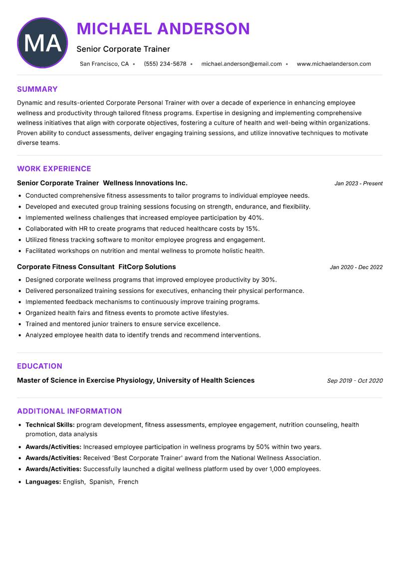 Corporate Personal Trainer Resume Preview Example
