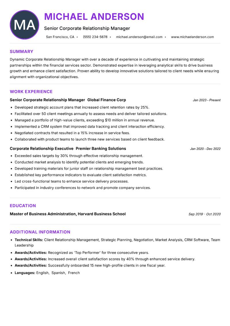 Corporate Relationship Manager Resume Preview Example