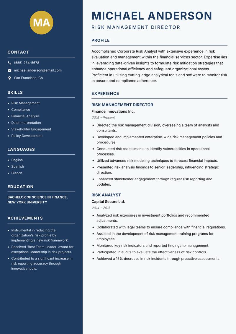 Corporate Risk Analyst Resume Preview Example