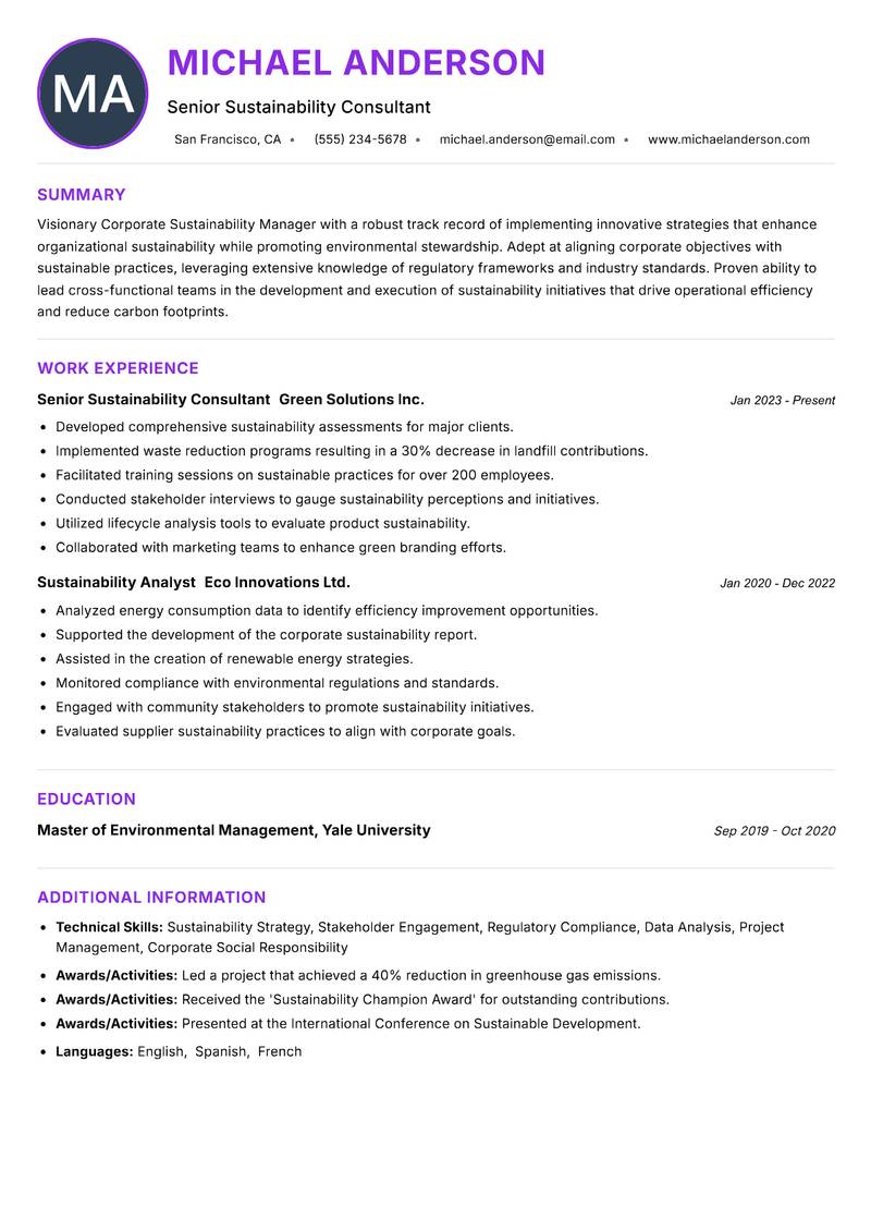 Corporate Sustainability Manager Resume Preview Example
