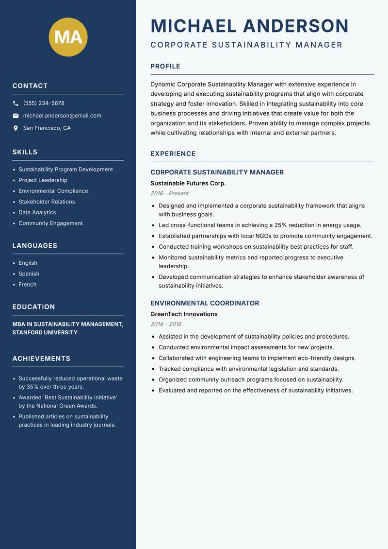 Corporate Sustainability Manager Resume Preview Example