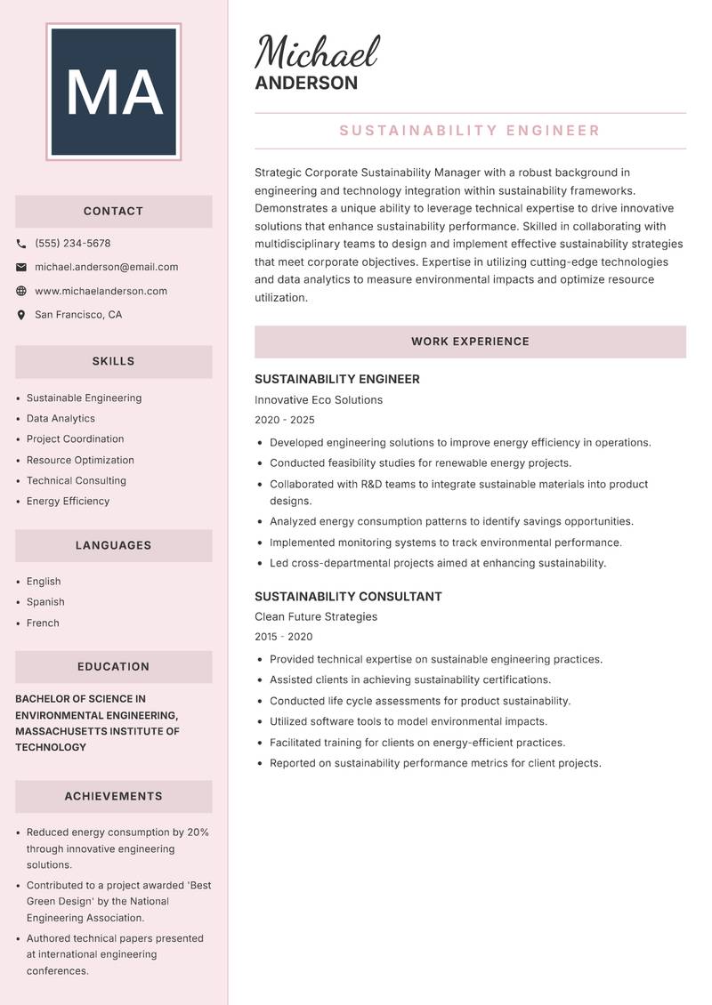 Corporate Sustainability Manager Resume Preview Example