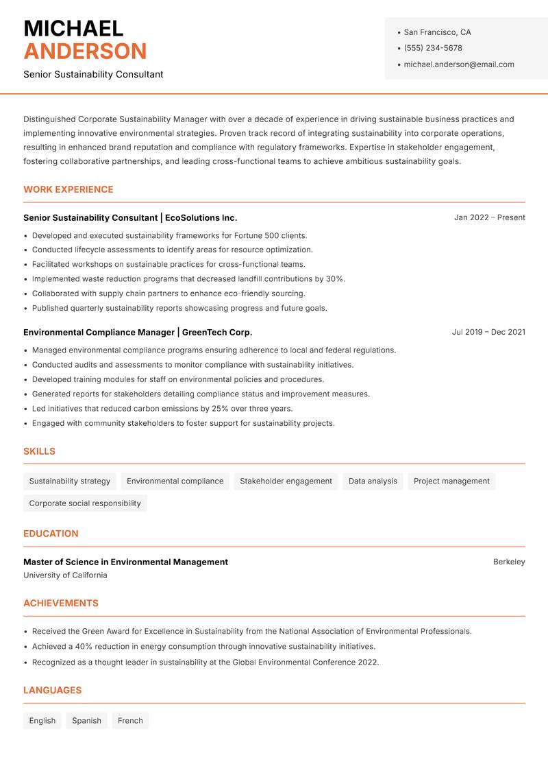 Corporate Sustainability Manager Resume Template