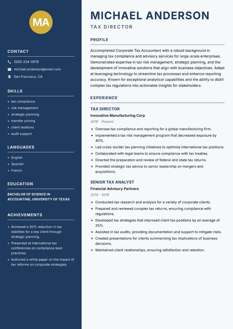 Corporate Tax Accountant Resume Preview Example