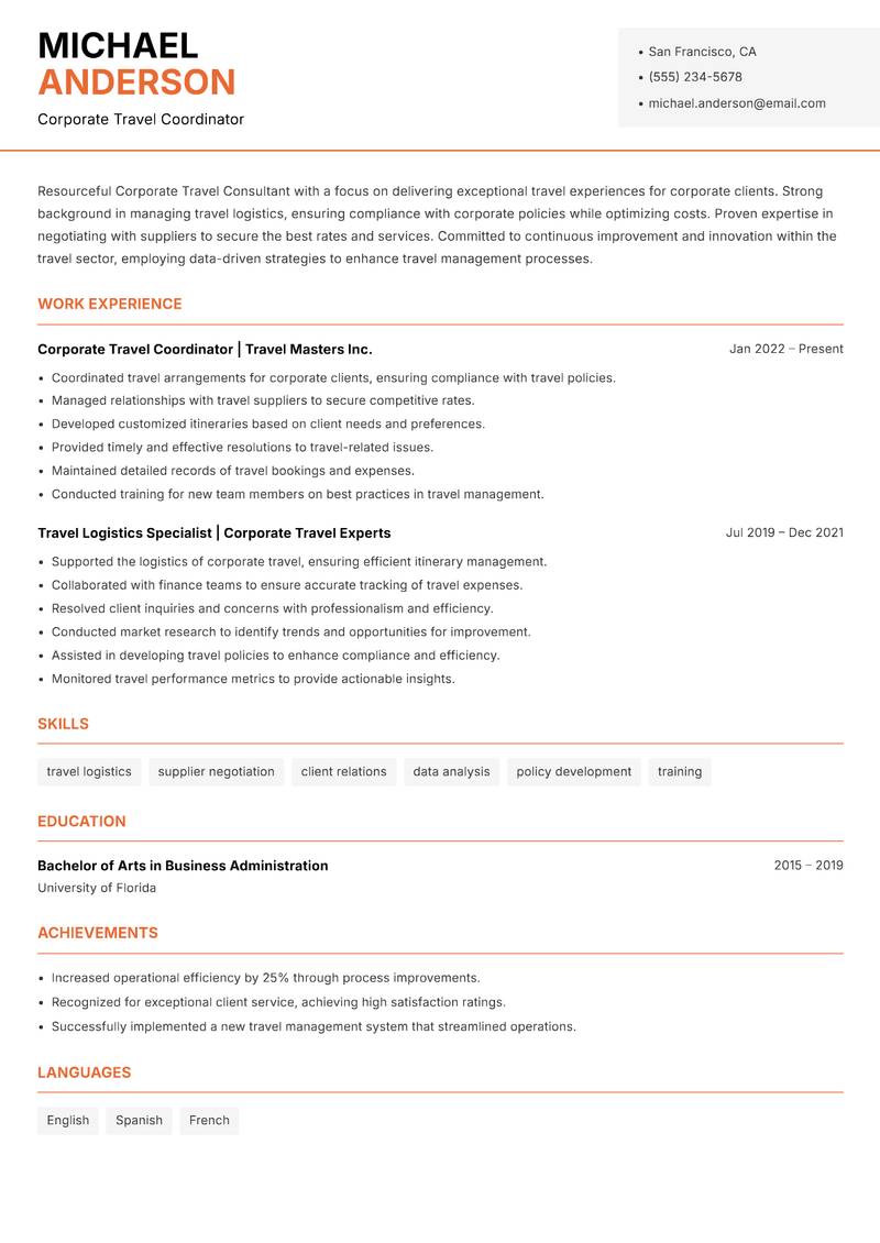 Corporate Travel Consultant Resume Template