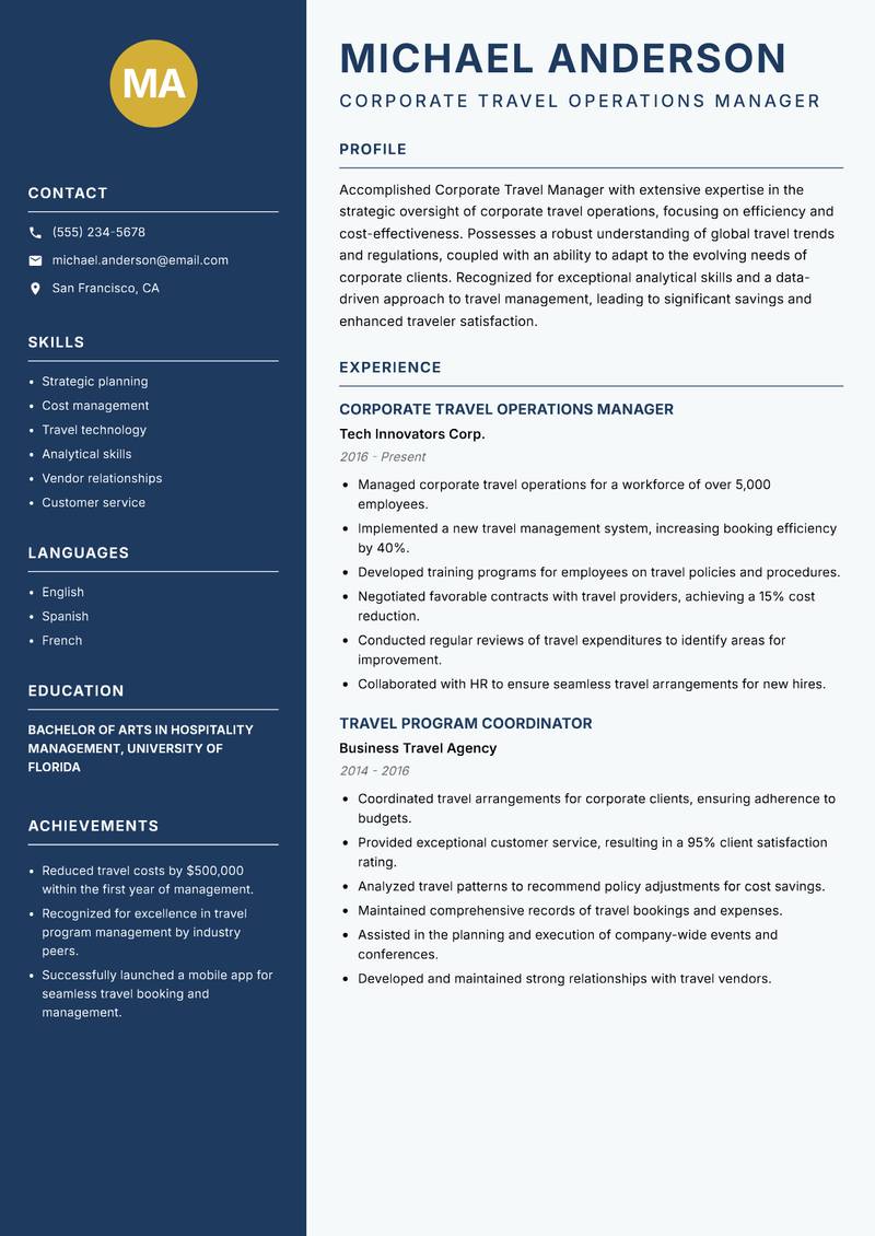 Corporate Travel Manager Resume Preview Example
