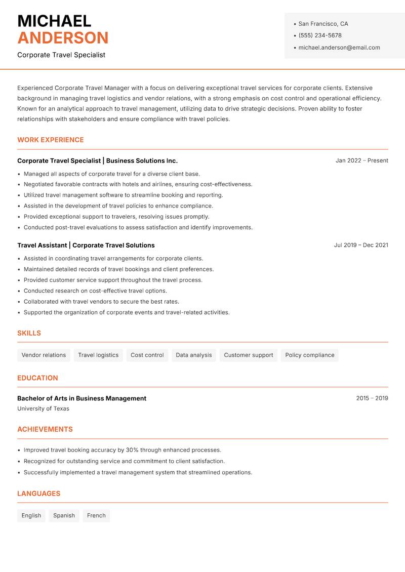 Corporate Travel Manager Resume Template