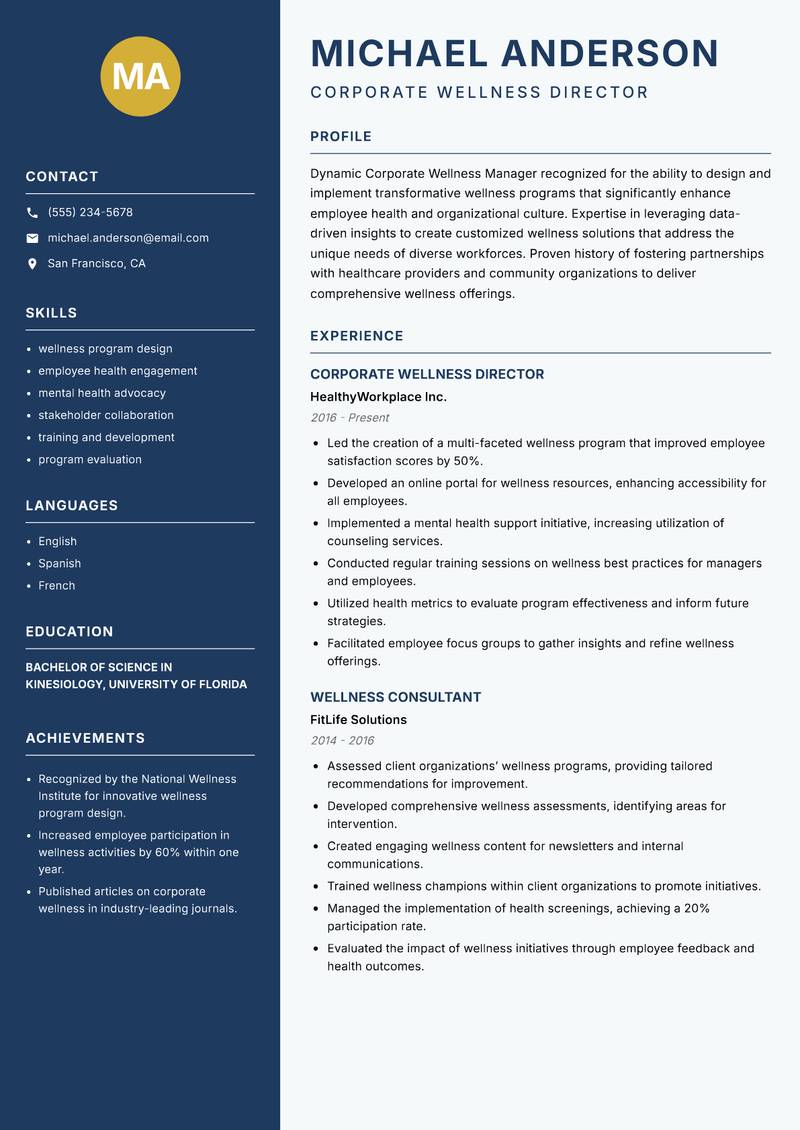 Corporate Wellness Manager Resume Preview Example