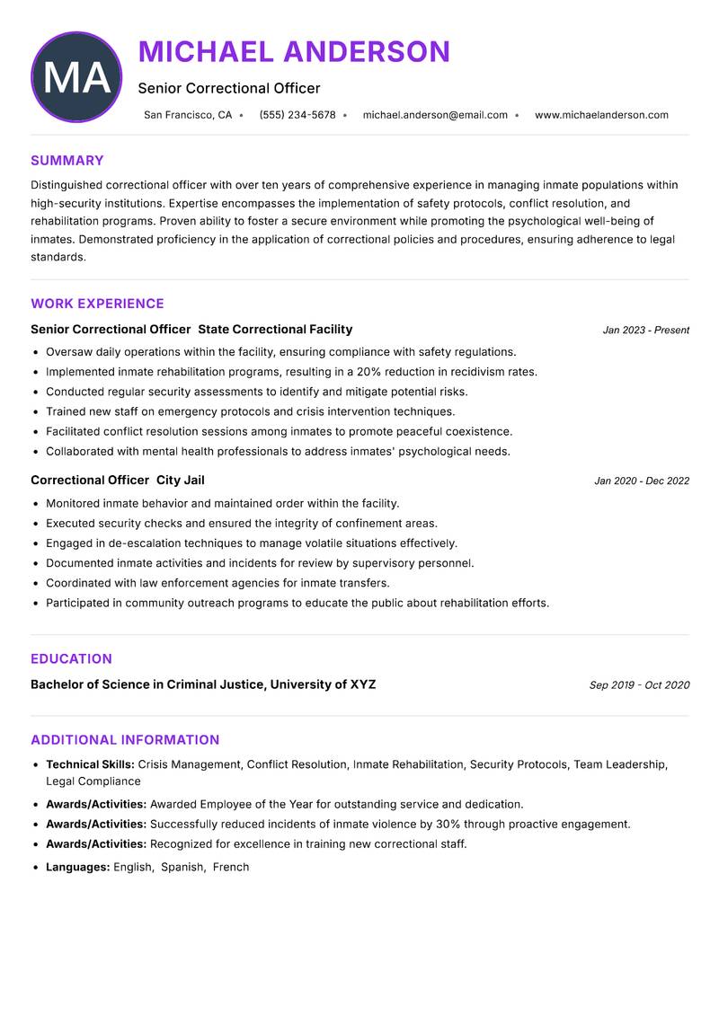 Correctional Officer Resume Preview Example