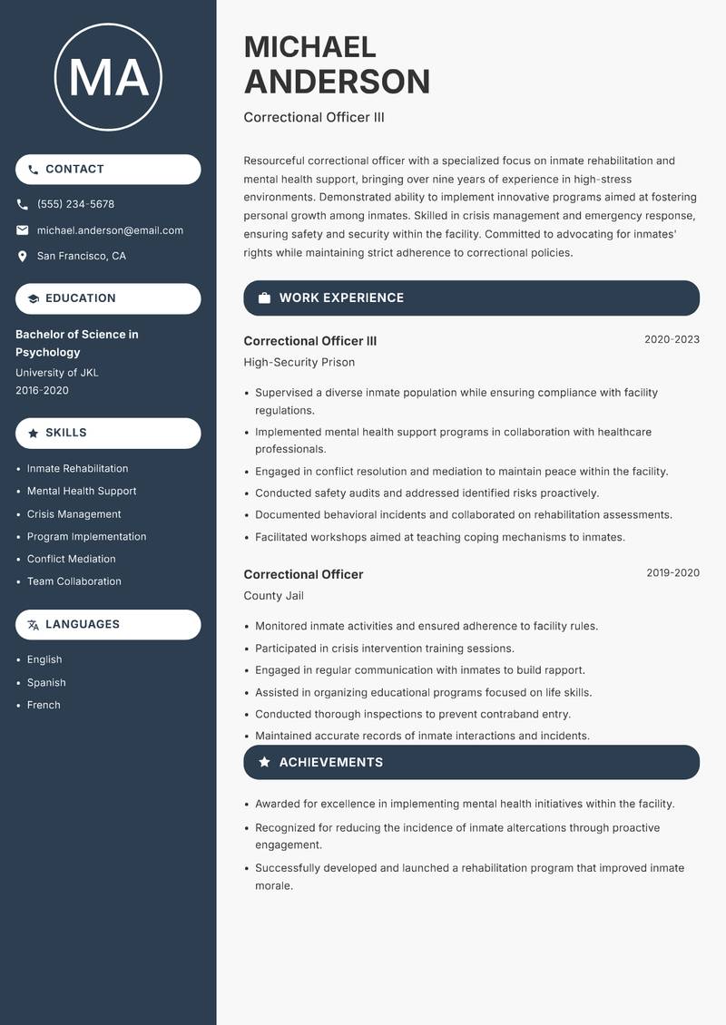 Correctional Officer Resume Preview Example