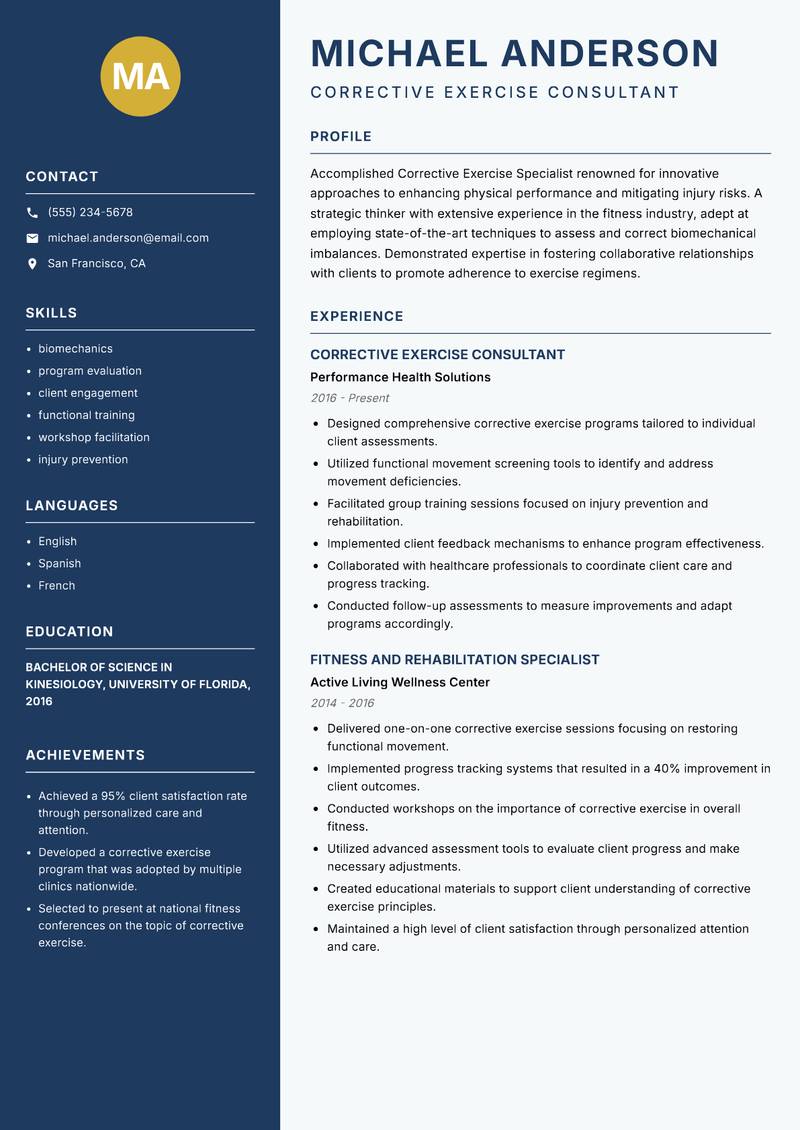 Corrective Exercise Specialist Resume Preview Example