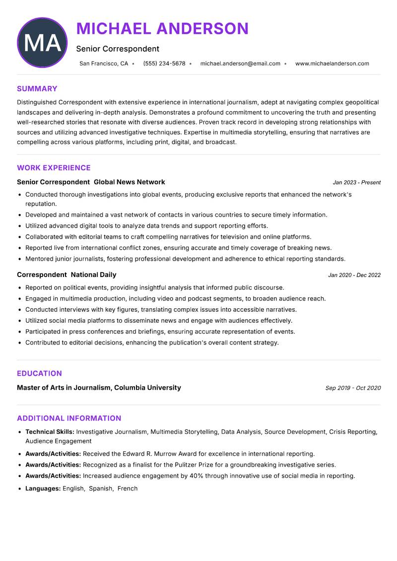Correspondent Resume Preview Example