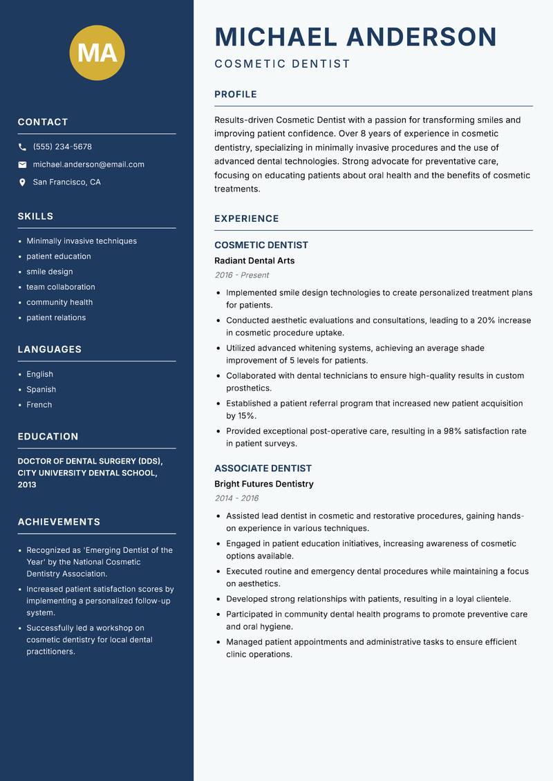 Cosmetic Dentist Resume Preview Example