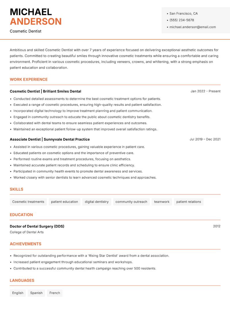 Cosmetic Dentist Resume Template