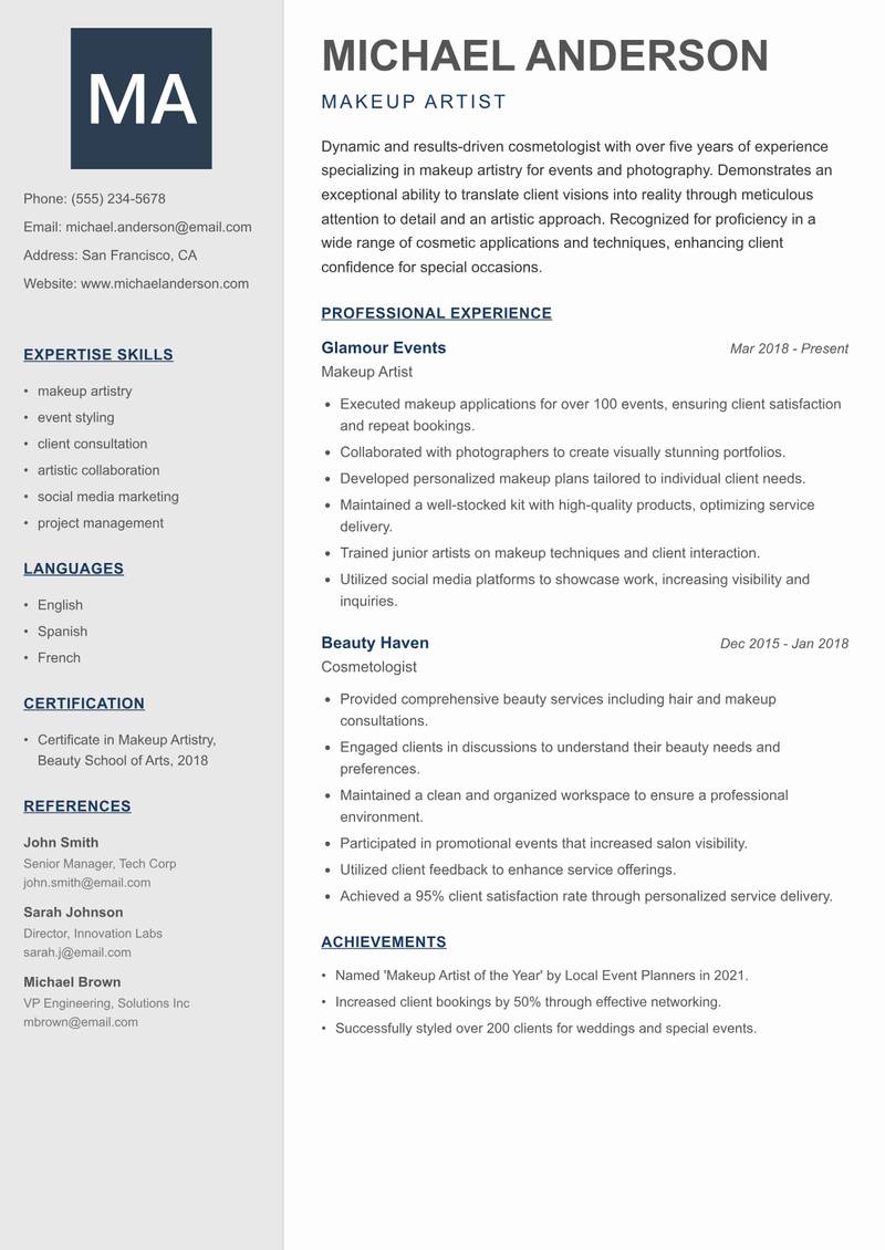 Cosmetologist Resume Preview Example