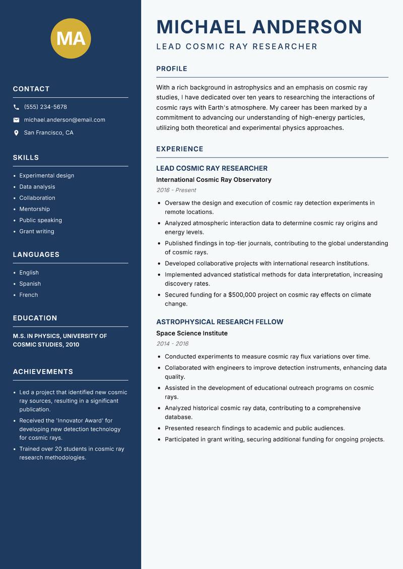 Cosmic Ray Scientist Resume Preview Example