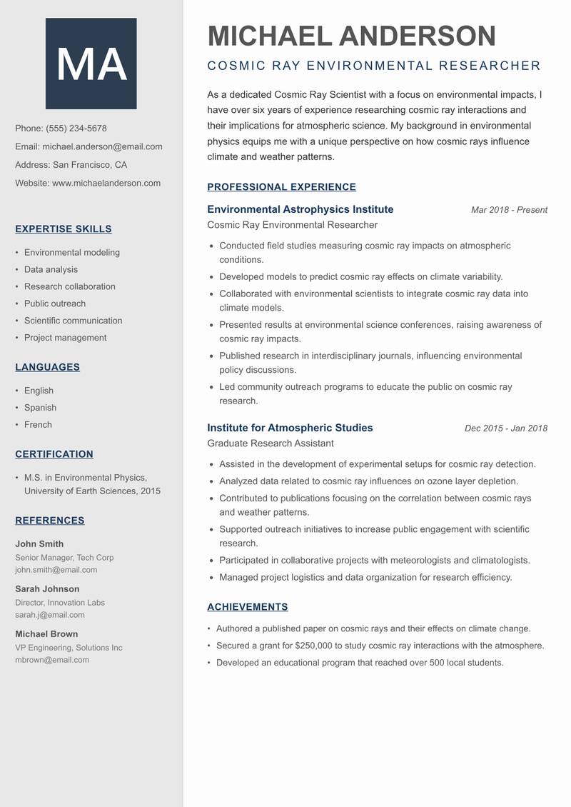 Cosmic Ray Scientist Resume Preview Example