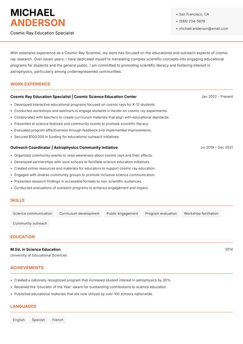 Cosmic Ray Scientist Resume Template