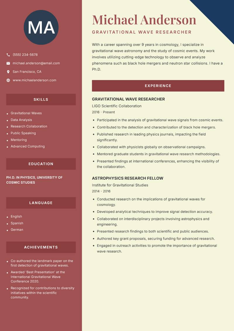 Cosmologist Resume Preview Example