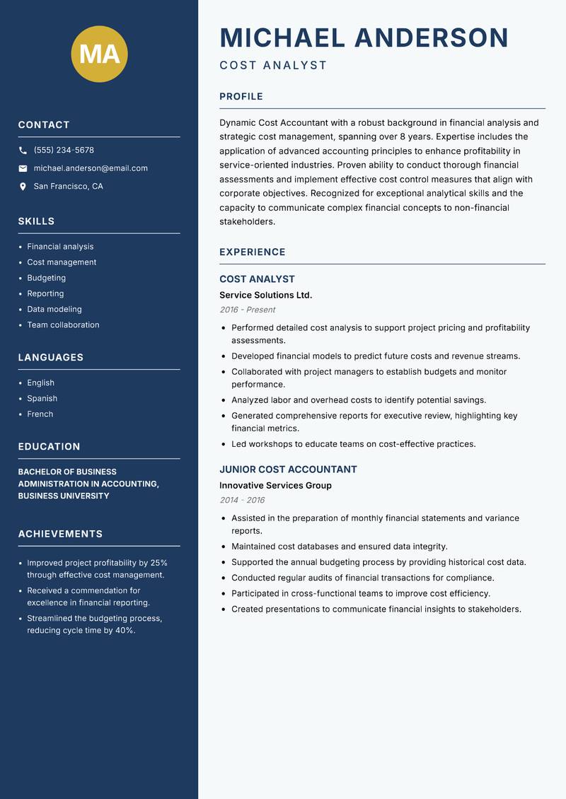 Cost Accountant Resume Preview Example