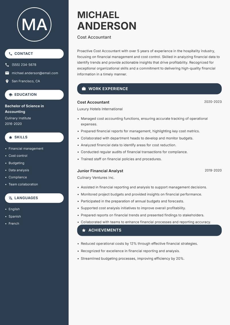 Cost Accountant Resume Preview Example
