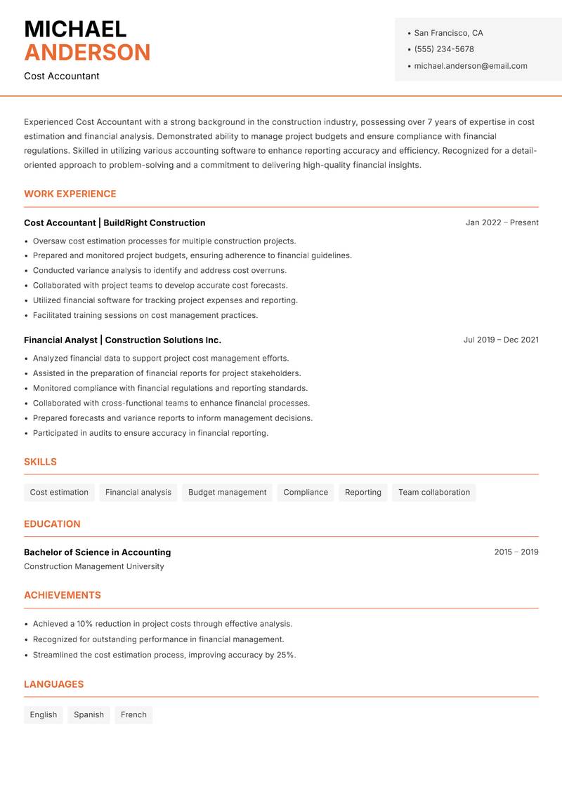 Cost Accountant Resume Template