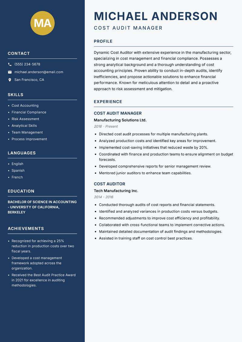 Cost Auditor Resume Preview Example