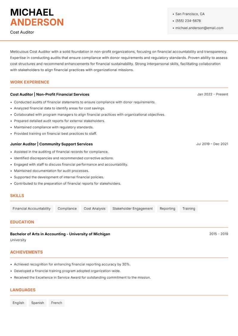 Cost Auditor Resume Template